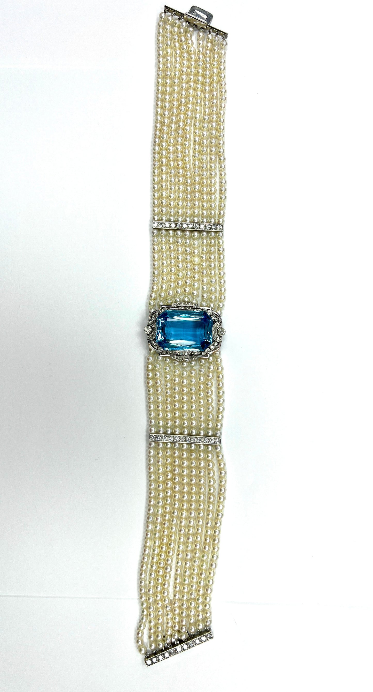 Aquamarine, Diamond, Cultured Pearl, White Gold Choker Necklace