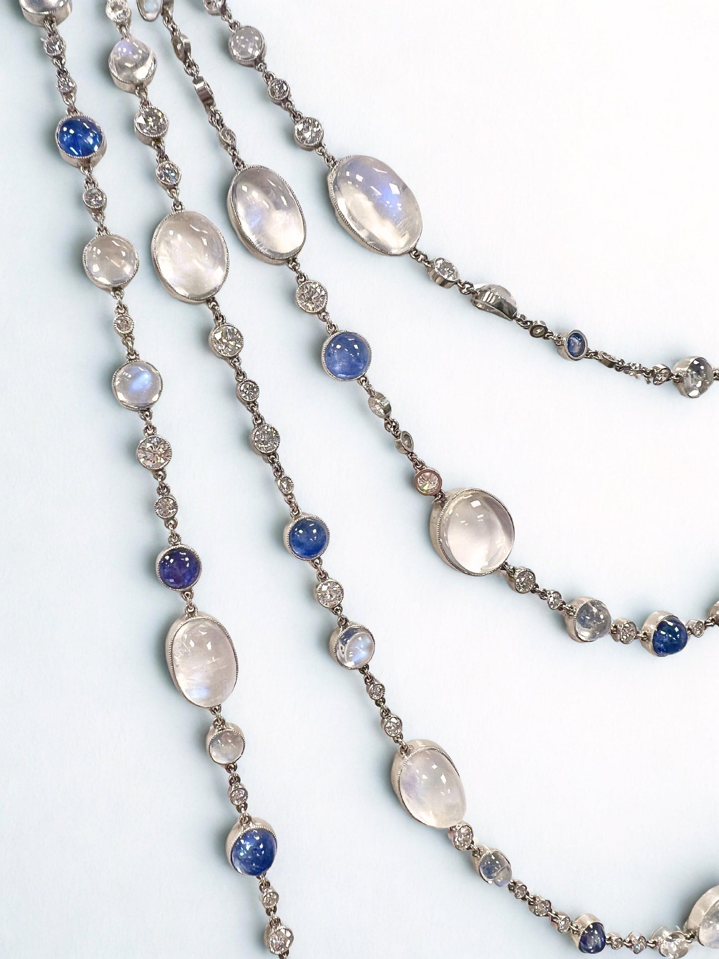Diamond Moonstone Sapphire and Platinum Very Long Opera Chain Necklace