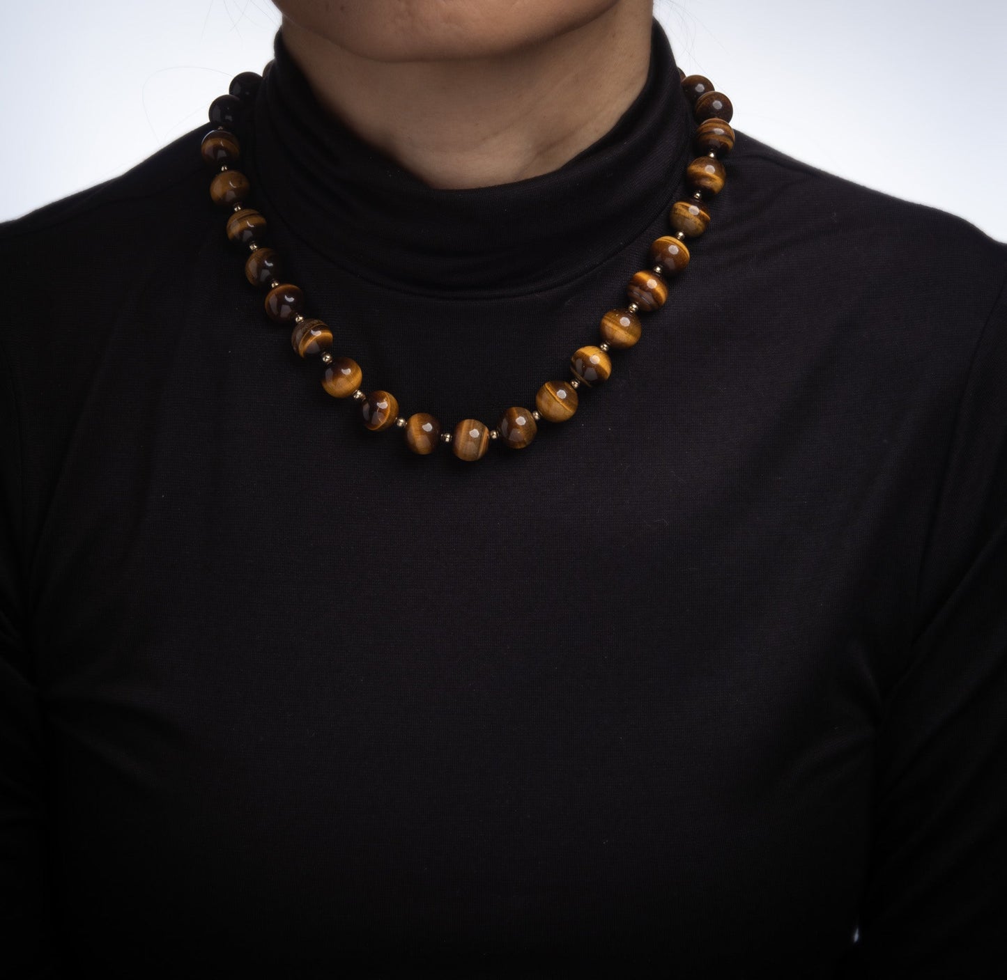 12mm Tigers Eye Bead Necklace 70s Vintage 14k Yellow Gold 18 Strand Statement