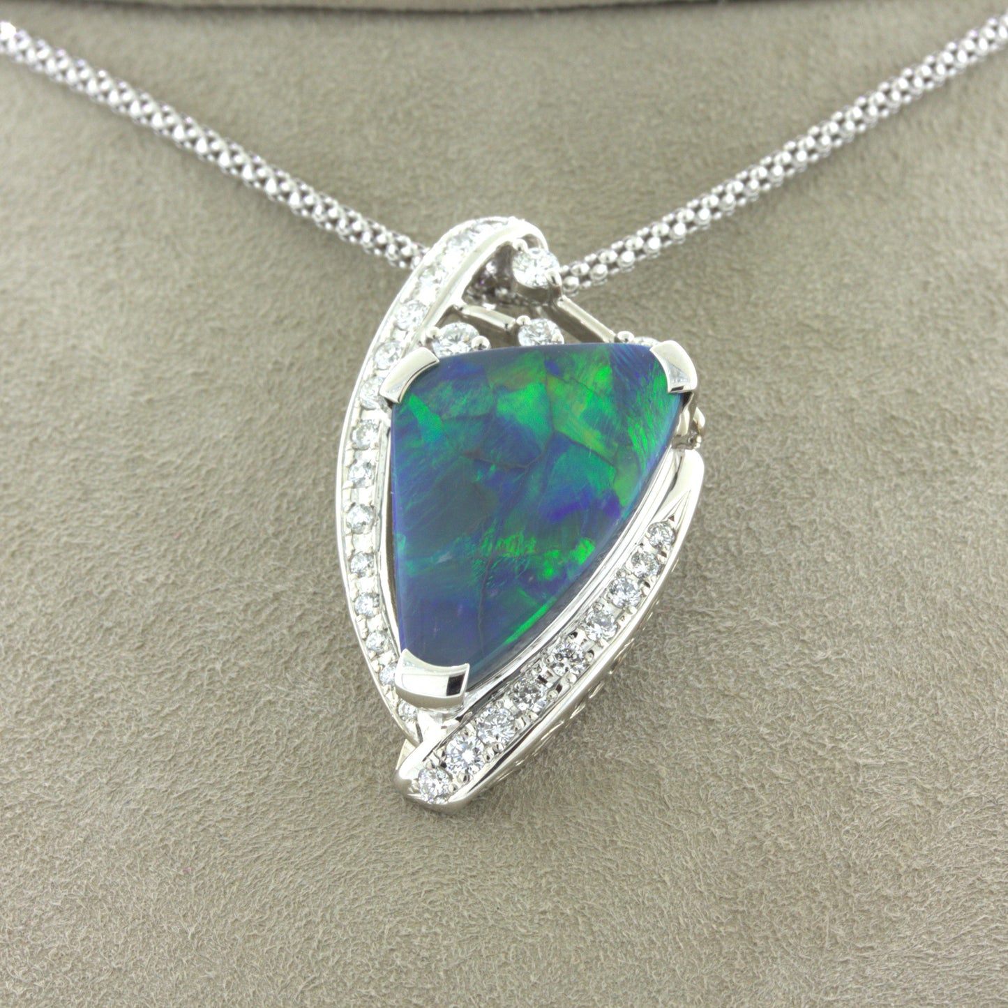 6.17 Carat Australian Black Opal Diamond 18k White Gold Pendant