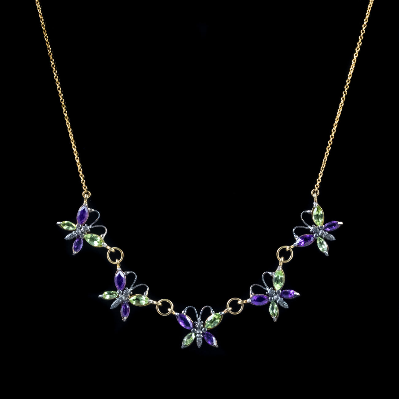 Amethyst Peridot Butterfly Necklace 9Ct Yellow Gold Silver