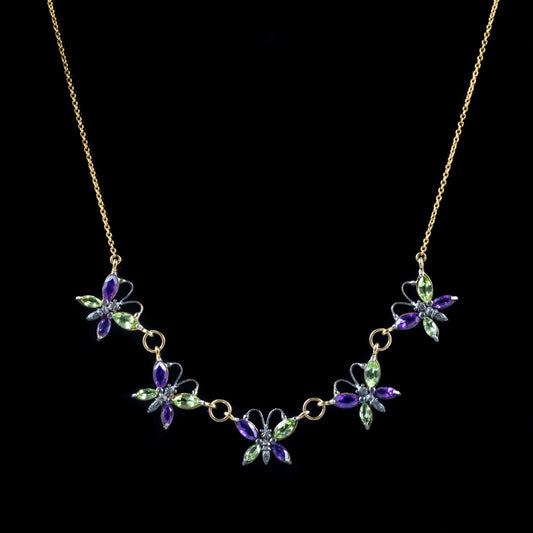 Amethyst Peridot Butterfly Necklace 9Ct Yellow Gold Silver