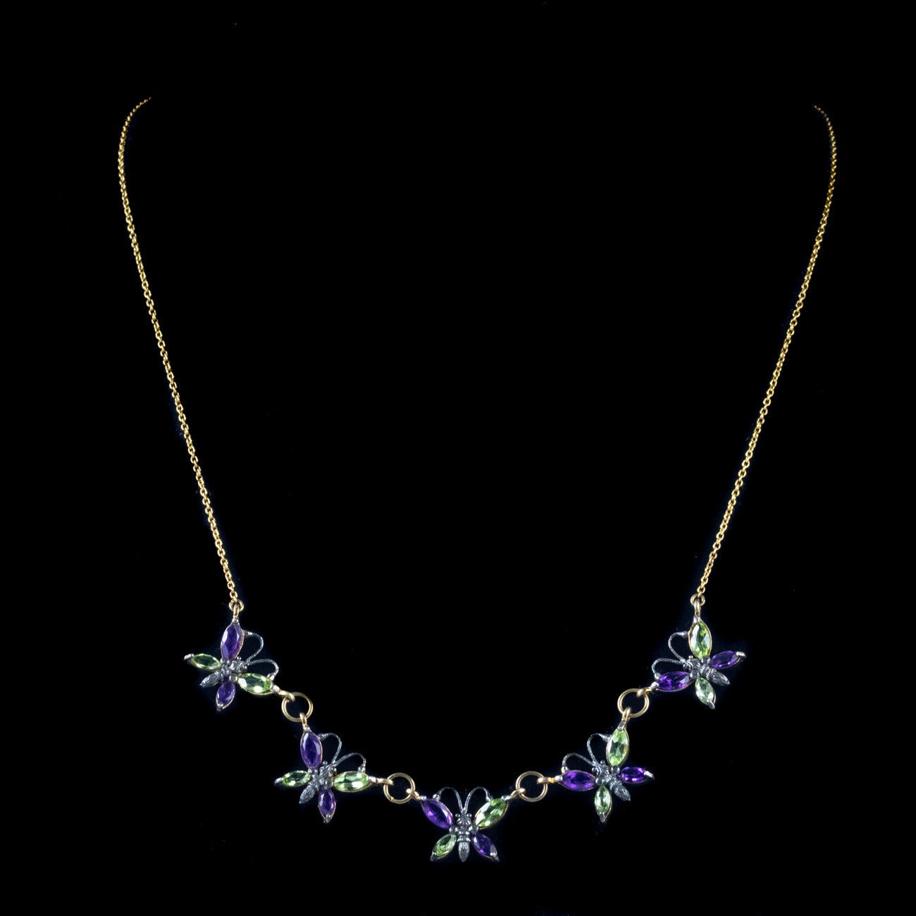 Amethyst Peridot Butterfly Necklace 9Ct Yellow Gold Silver