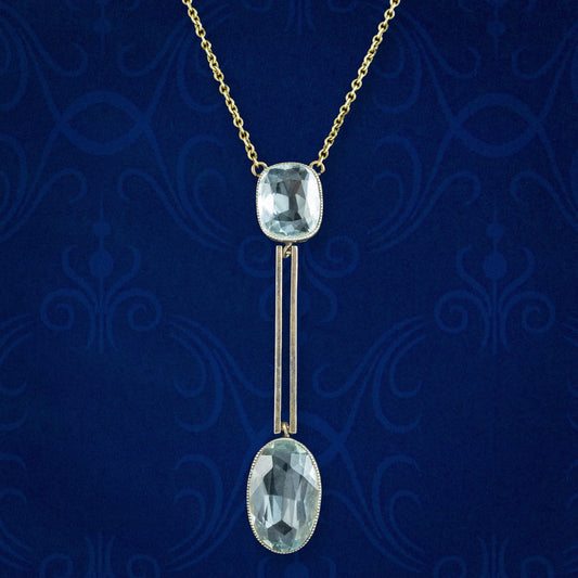 Antique Edwardian Aquamarine Lavaliere Necklace 15ct Gold