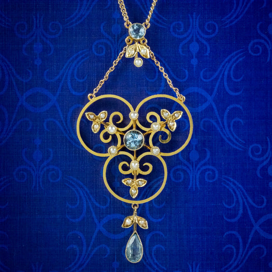 Antique Edwardian Aquamarine Pearl Necklace 9ct Gold