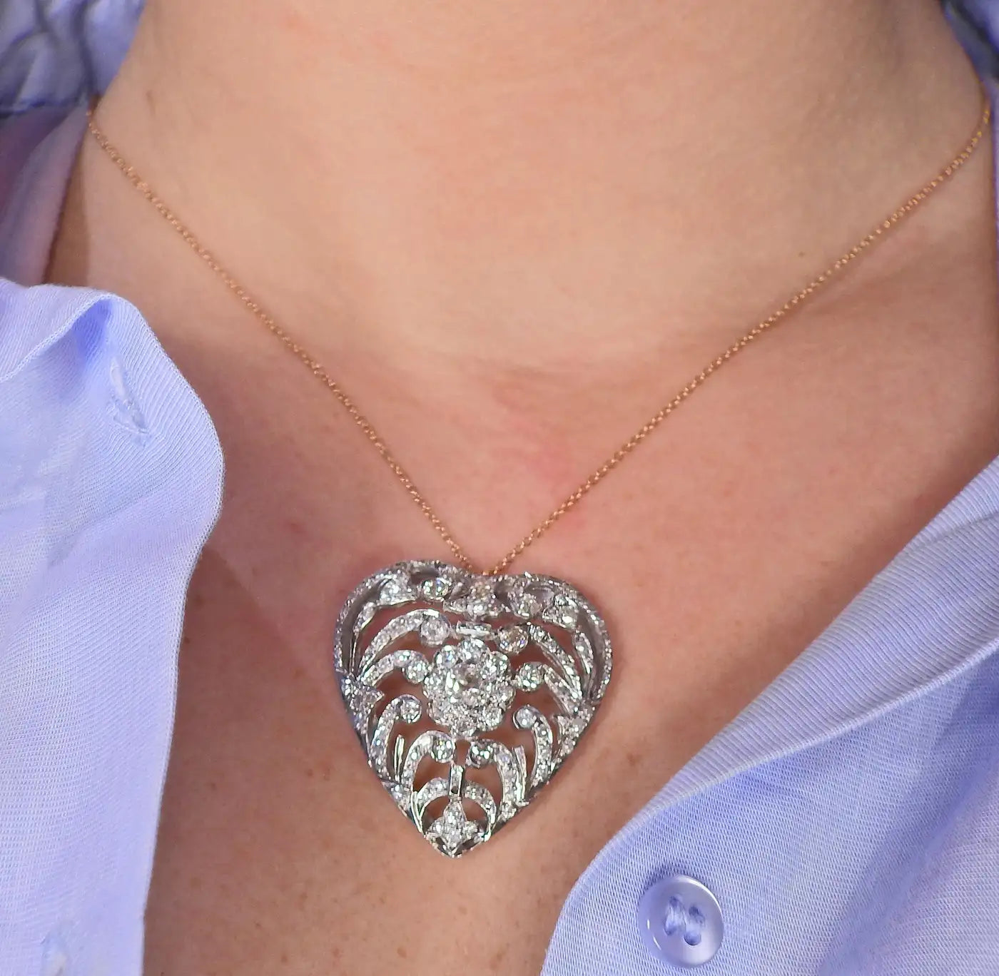 Antique Edwardian Diamond Gold Heart Pendant on Tiffany & Co Chain Necklace