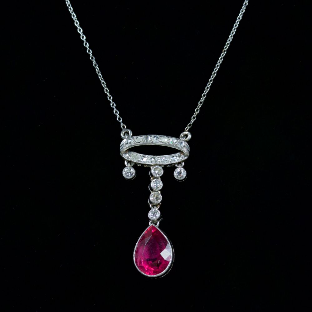 Antique Art Deco Pink Tourmaline Diamond Necklace Platinum Circa 1920