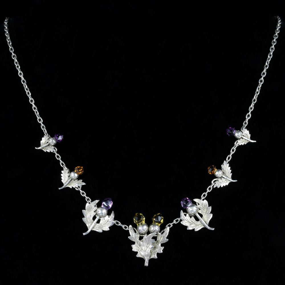 Antique Edwardian Citrine Amethyst Scottish Thistle Necklace Birmingham 1906
