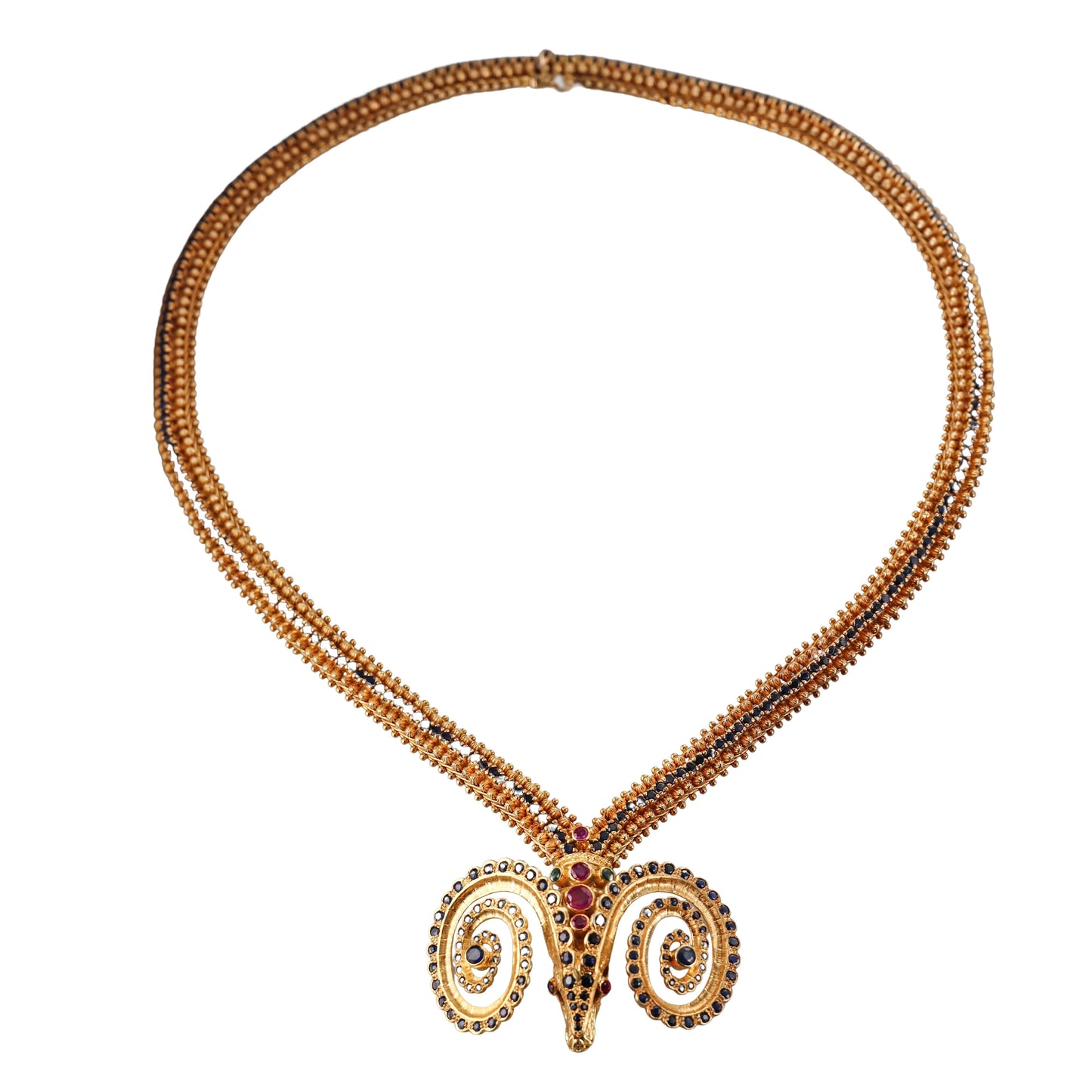 Zolotas Greece Ruby Sapphire Emerald 18k Gold Ram's Head Necklace