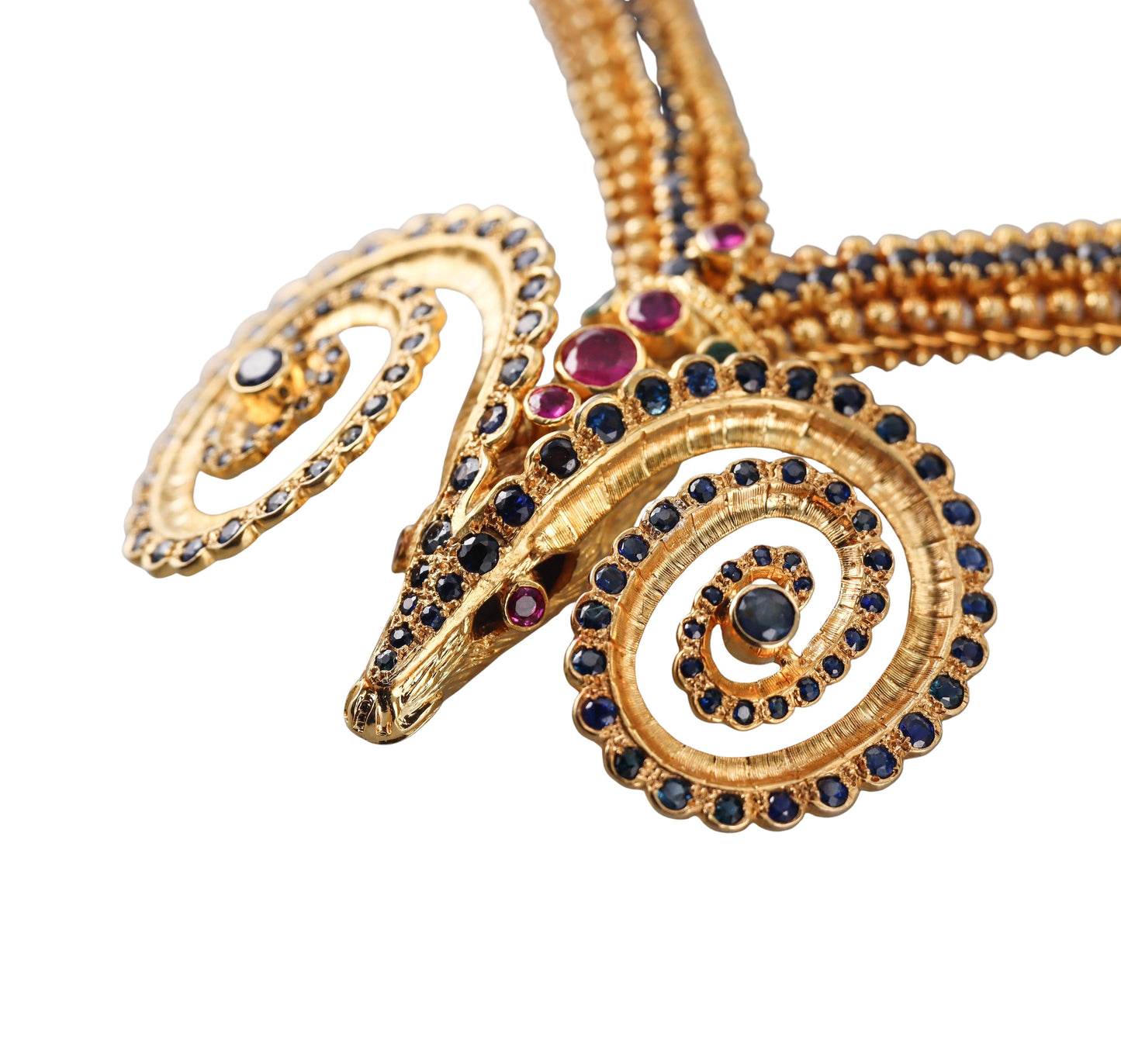 Zolotas Greece Ruby Sapphire Emerald 18k Gold Ram's Head Necklace
