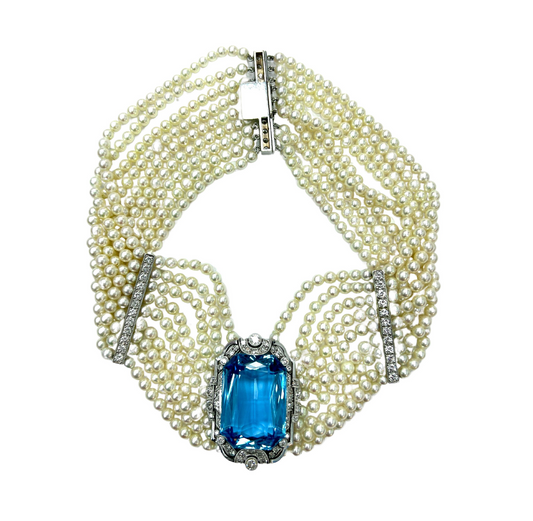 Aquamarine, Diamond, Cultured Pearl, White Gold Choker Necklace
