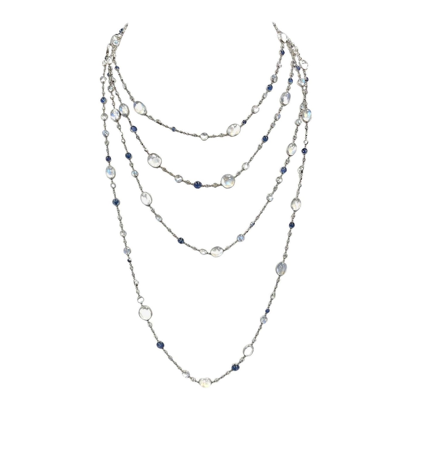 Diamond Moonstone Sapphire and Platinum Very Long Opera Chain Necklace