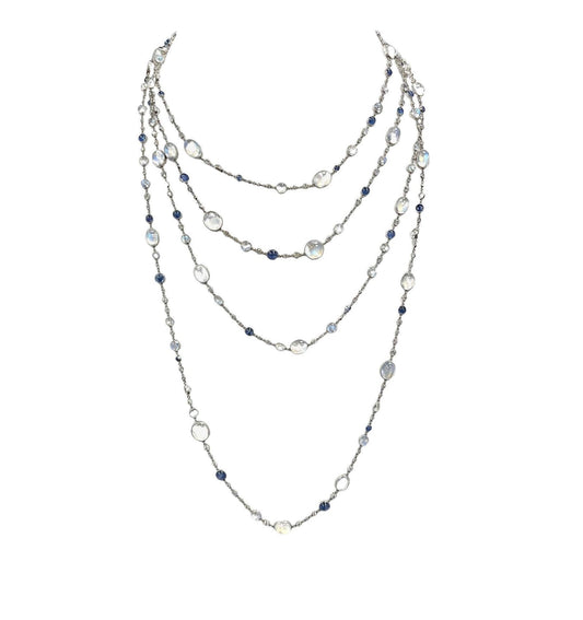 Diamond Moonstone Sapphire and Platinum Very Long Opera Chain Necklace