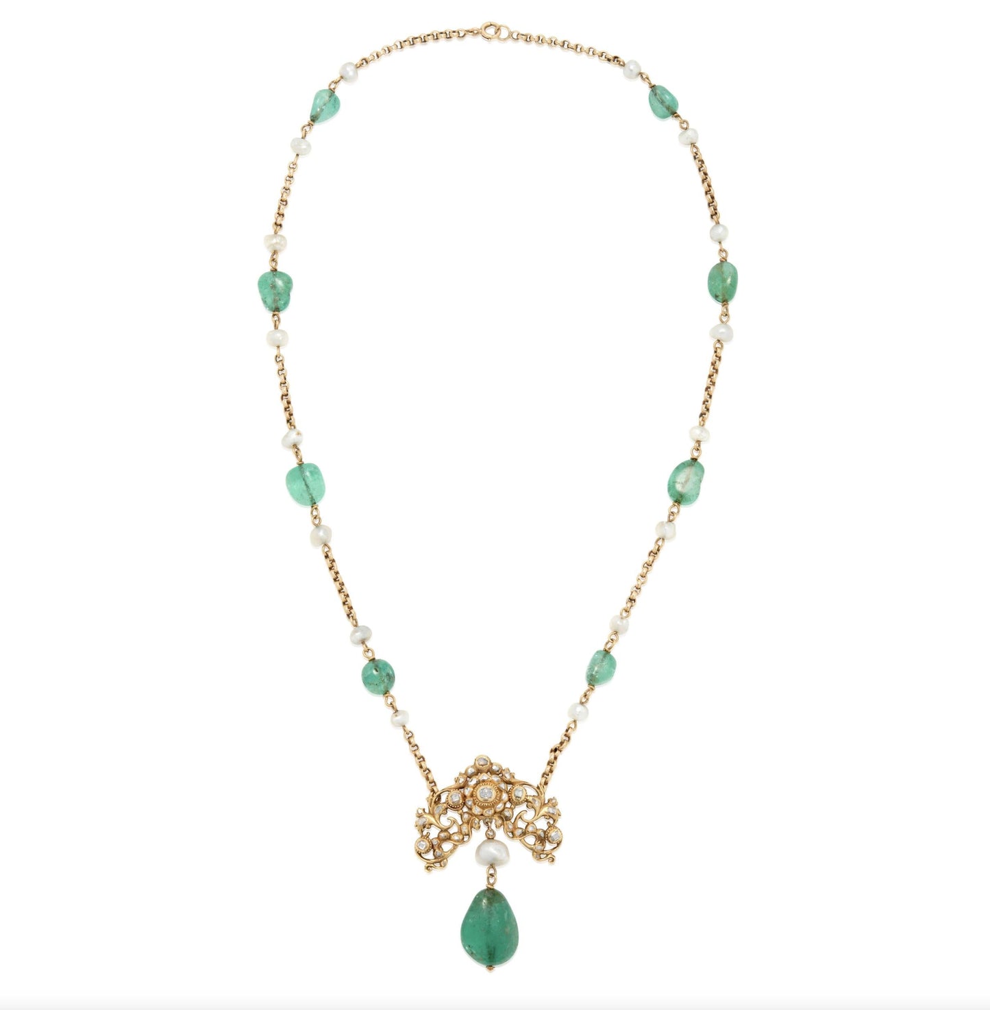 18k Gold, Emerald, Pearl, and Diamond Necklace