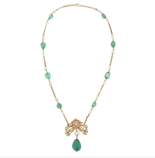18k Gold, Emerald, Pearl, and Diamond Necklace
