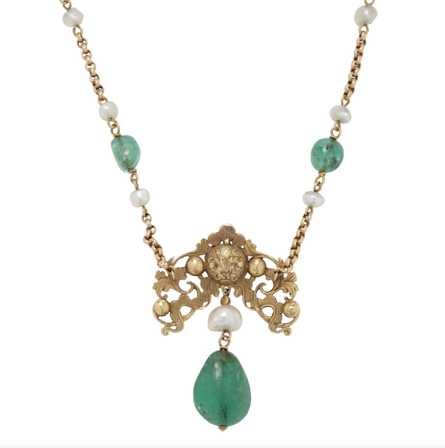 18k Gold, Emerald, Pearl, and Diamond Necklace