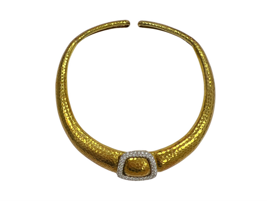 Andrew Clunn 1970s Diamond Hammered Gold Platinum Buckle Collar Necklace