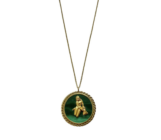 Italian 1970s Malachite Yellow Gold Aquarius Zodiac Sign Pendant