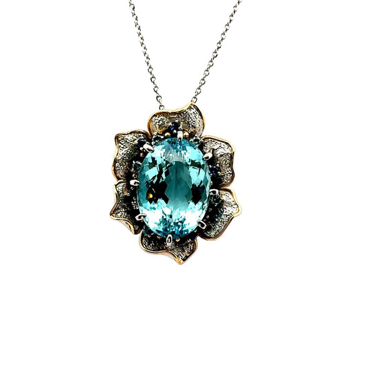 24.34 Carat Aquamarine Diamond Sapphire Platinum & 18k Yellow Gold Flower Pendan