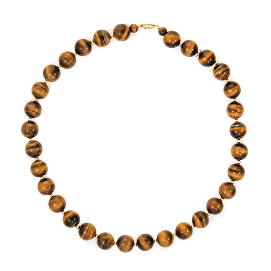12mm Tigers Eye Bead Necklace 70s Vintage 14k Yellow Gold 18 Strand Statement