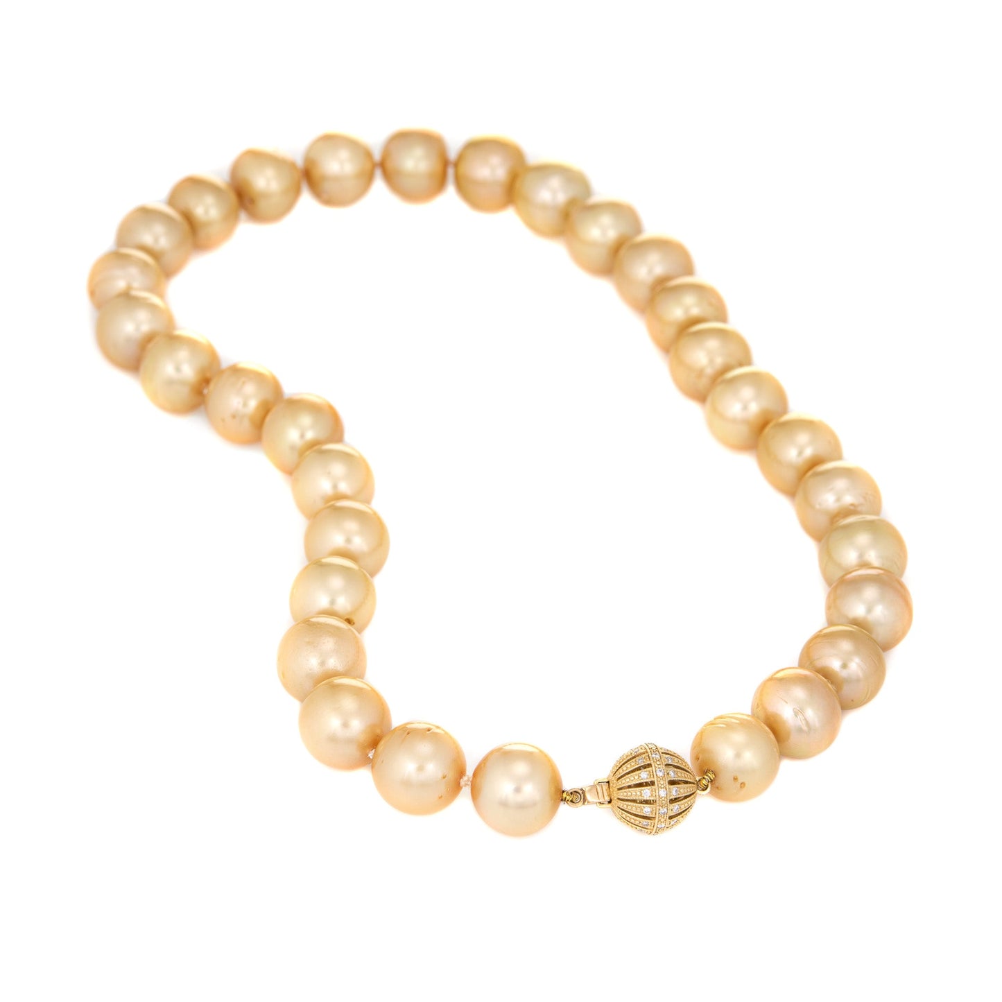 13mm to 14mm Golden South Sea Pearl Necklace Diamond Clasp 14k Gold 18 Estate