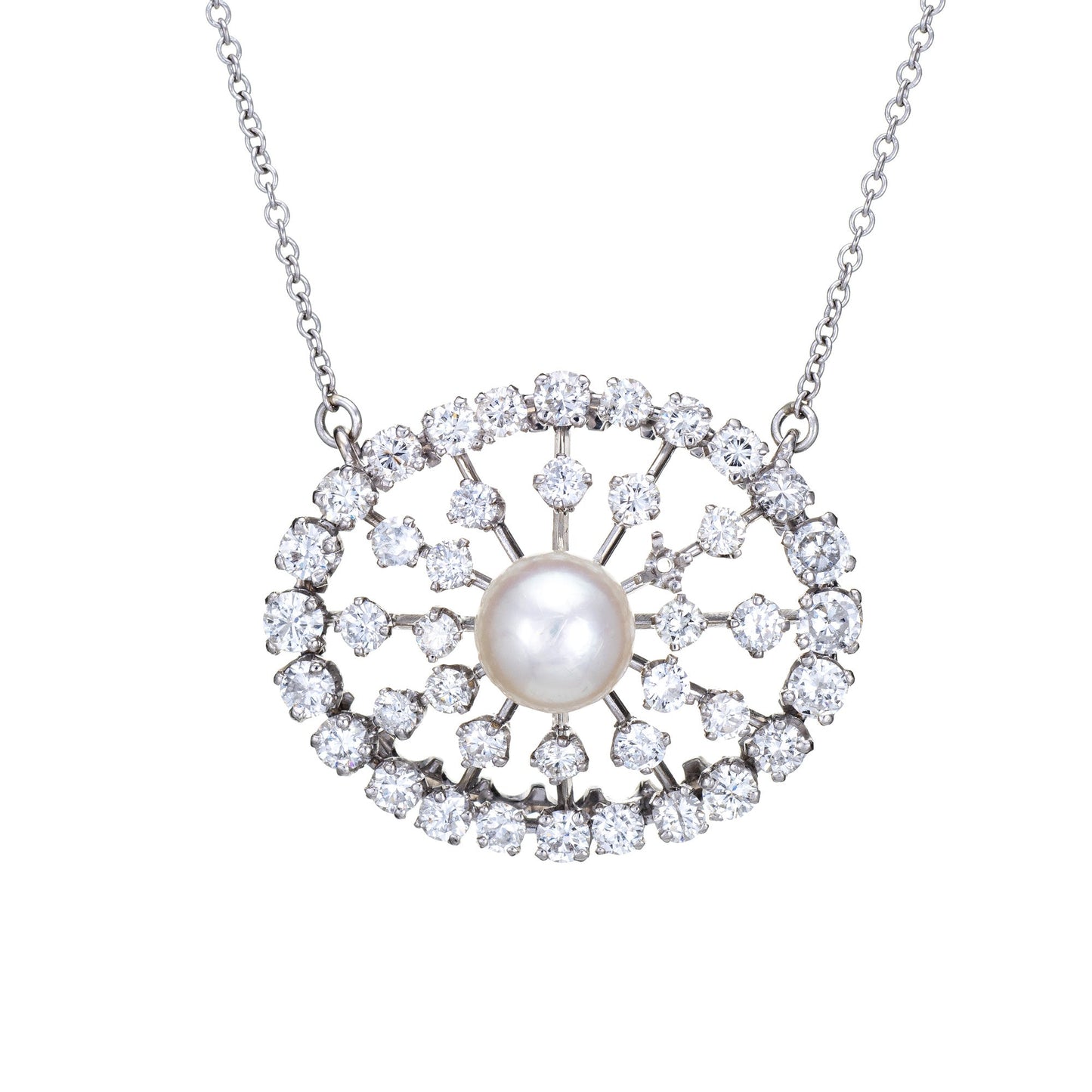 1.50ct Diamond Cultured Pearl Necklace Vintage 14k White Gold Oval Fine Jewelry