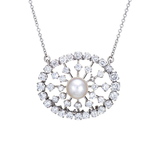 1.50ct Diamond Cultured Pearl Necklace Vintage 14k White Gold Oval Fine Jewelry