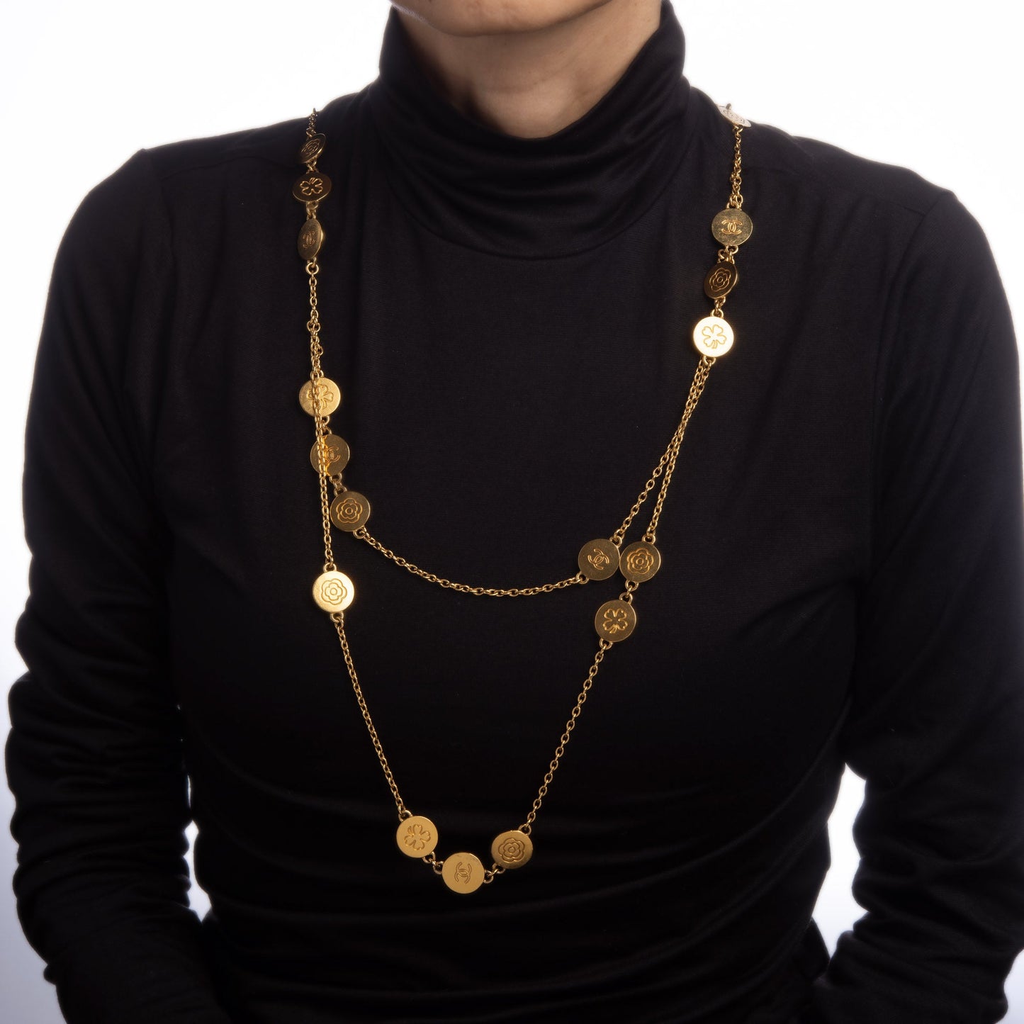 1998 Chanel Multi Strand Necklace Yellow Tone Camellia CC Clover 29 Medallion